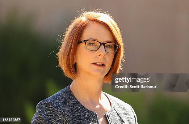 Prime Minister of Australia Julia Gillard arrives to attend the State Funeral for former speaker Joan Child on March 5, 2013 in Melbourne, Australia....