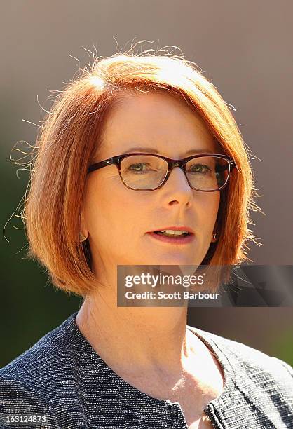 Prime Minister of Australia Julia Gillard arrives to attend the State Funeral for former speaker Joan Child on March 5, 2013 in Melbourne, Australia....