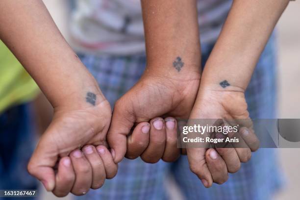 During the Virgin Mary Festival in Dronka, Coptic Christians shows the cross tattooed on their right hands, a distinctive symbol embraced by the...