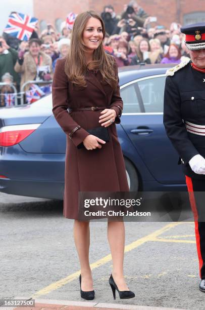 Catherine, Duchess of Cambridge arrives at the National Fishing Heritage Centre on March 5, 2013 in Grimsby, England. The pregnant Duchess of...