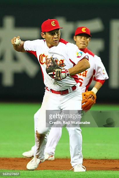Infielder Ray Chang of China in action during the World Baseball Classic First Round Group A game between China and Brazil at Fukuoka Yahoo! Japan...