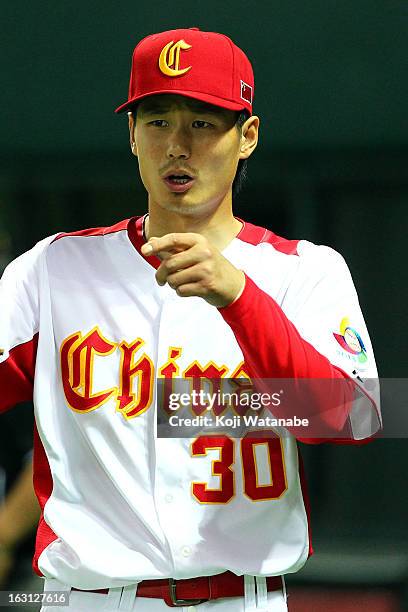 Infielder Fujia Chu of China in action during the World Baseball Classic First Round Group A game between China and Brazil at Fukuoka Yahoo! Japan...