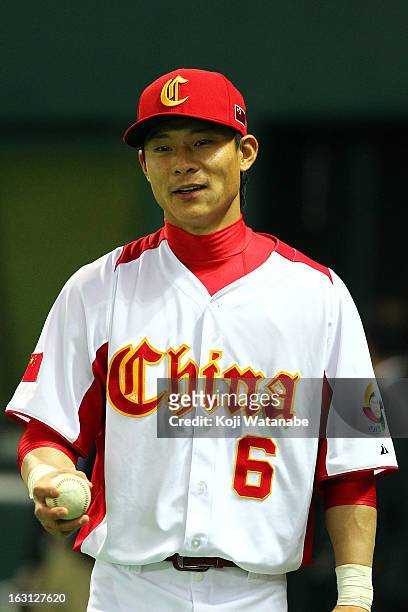 Infielder Lei Li of China in action during the World Baseball Classic First Round Group A game between China and Brazil at Fukuoka Yahoo! Japan Dome...