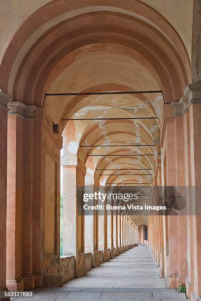 arcades to the san luca basilica of bologna. - arcade stockfoto's en -beelden