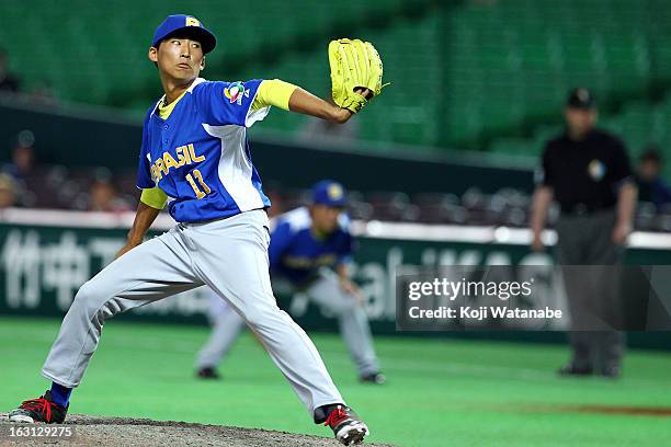 Pitcher Missaki of Brazil in action during the World Baseball Classic First Round Group A game between China and Brazil at Fukuoka Yahoo! Japan Dome...