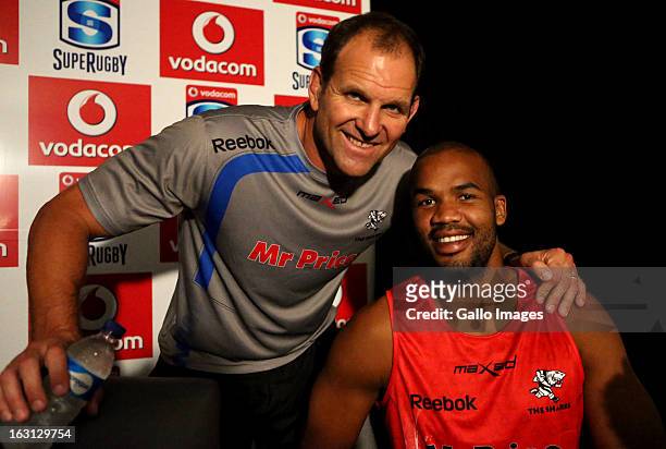 Head coach, John Plumtree and JP Pietersen during a Sharks press conference at Kings Park on March 05, 2013 in Durban, South Africa.