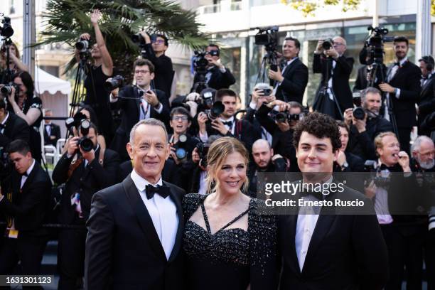 Tom Hanks, Rita Wilson and Truman Theodore Hanks attend the "Asteroid City" red carpet during the 76th annual Cannes film festival at Palais des...