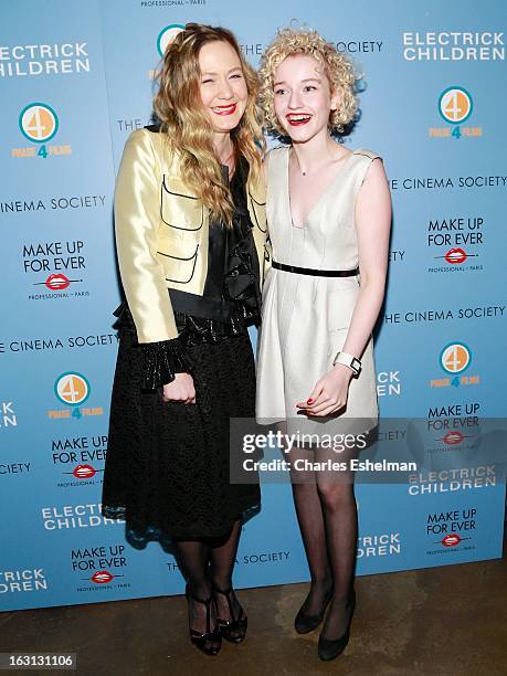 Actresses Louisa Krause and Julia Garner attend The Cinema Society & Make Up For Ever host a screening of "Electrick Children" at IFC Center on March...