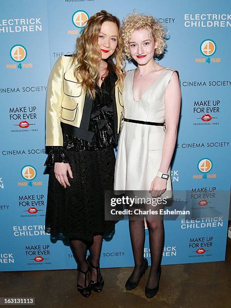 Actresses Louisa Krause and Julia Garner attend The Cinema Society & Make Up For Ever host a screening of "Electrick Children" at IFC Center on March...