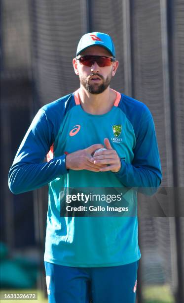 Players and coaches in the nets during the Australia national men's cricket team training session at Hollywoodbets Kingsmead Stadium on August 29,...