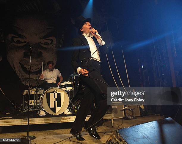 Lead singer Howlin' Pelle Almqvist of The Hives performs in concert at The Vogue on March 4, 2013 in Indianapolis, Indiana.