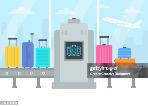 stockillustraties, clipart, cartoons en iconen met airport security checkpoint with x-ray device scanning luggages. airline security system - station de vacances