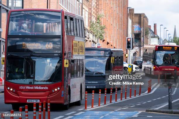 West Midlands public transport buses heading towards the city centre on 7th August 2023 in Birmingham, United Kingdom. National Express West Midlands...
