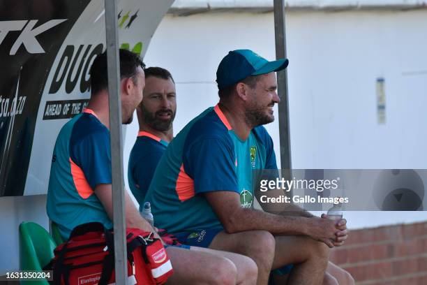Players and coaches in the nets during the Australia national men's cricket team training session at Hollywoodbets Kingsmead Stadium on August 29,...
