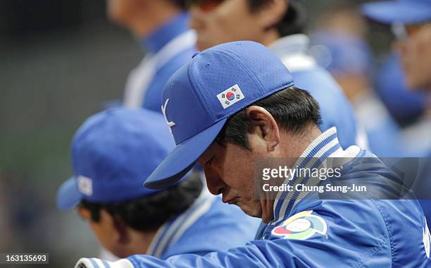 South Korean team manager Ryu Joong-Il reacts in the seventh inning during the World Baseball Classic First Round Group B match between Chinese...