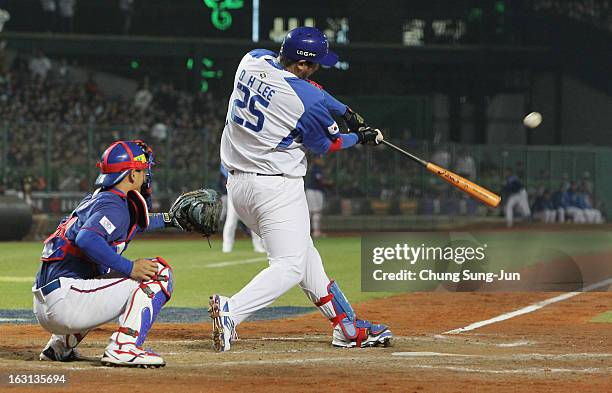 Lee Dae-Ho of South Korea bats in the sixth inning during the World Baseball Classic First Round Group B match between Chinese Taipei and South Korea...