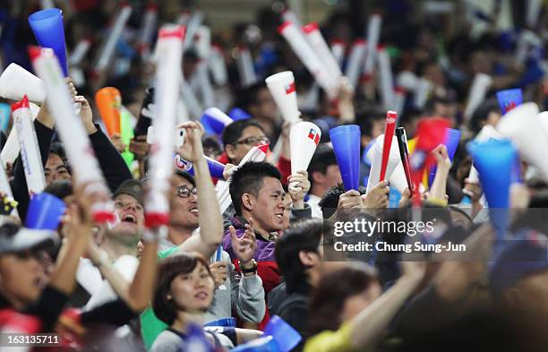 Taiwan fans cheer during the World Baseball Classic First Round Group B match between Chinese Taipei and South Korea at Intercontinental Baseball...