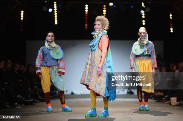 Models take part in the Glasgow School of Art Fashion show on March 5, 2013 in Glasgow, Scotland. Third year textiles and fashion students unveil...