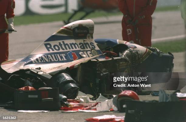 General view of Ayrton Senna's wrecked Williams Renault after he crashed during the San Marino Grand Prix at the Imola circuit in San Marino. Senna...