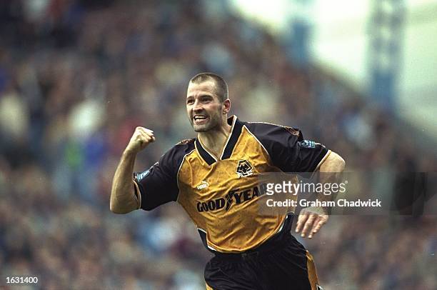 Steve Bull of Wolverhampton Wanderers celebrates his goal during a Nationwide League Division One match against Manchester City at Maine Road in...