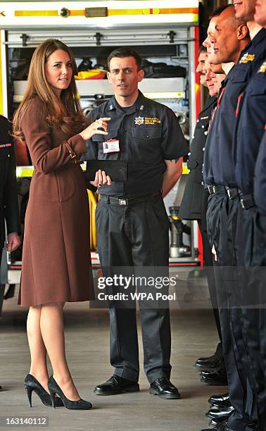 Catherine, Duchess of Cambridge meets members of Green Watch at the station as she visits Humberside Fire and Rescue Peaks Lane Fire Station on March...