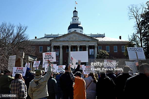 Second Amendment supporters rally against stricter gun control laws at the Maryland State House on March 5, 2013 in Annapolis, Maryland. If the...