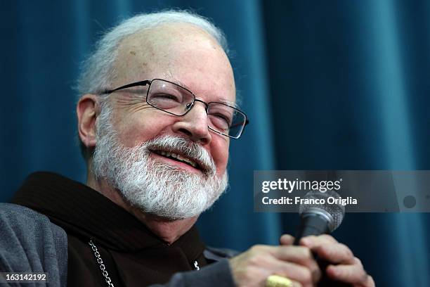 Franciscan archbischop of Boston cardinal Sean O'Malley smiles during a meeting with accreditated media at Vatican at the Pontifical North American...