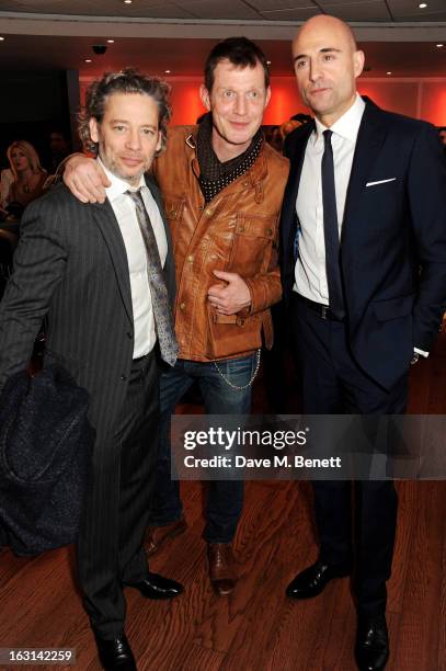 Dexter Fletcher, Jason Flemyng and Mark Strong attend the UK Premiere of 'Welcome To The Punch' at the Vue West End on March 5, 2013 in London,...