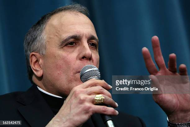 Archbischop of Galveston-Houston cardinal Daniel Di Nardo speaks during a meeting with accreditated media at Vatican at the Pontifical North American...