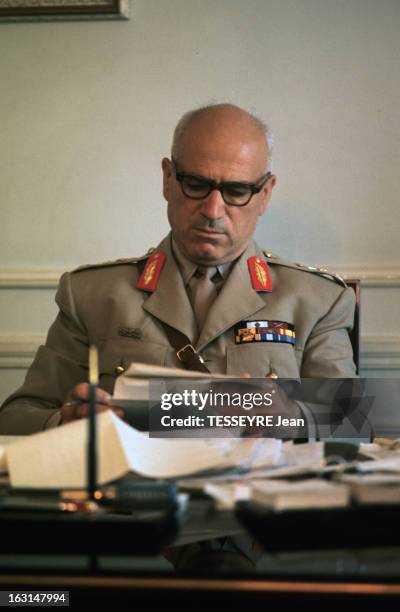 Pattakos, Greek Minister Of The Interior. En Grèce, en juin 1967, Stylianos PATTAKOS, ministre de l'Intérieur, portant un uniforme cravate militaire...