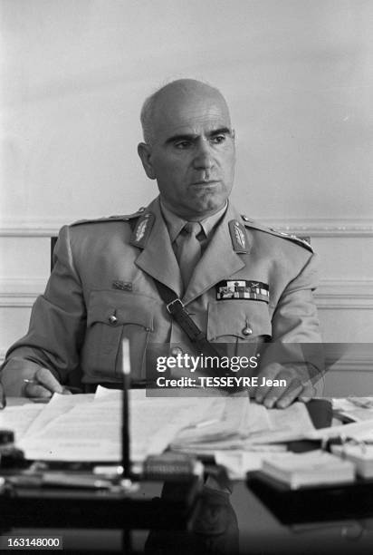 Pattakos, Greek Minister Of The Interior. En Grèce, en juin 1967, Stylianos PATTAKOS, ministre grec de l'Intérieur, dans son bureau, à Athènes, vêtu...