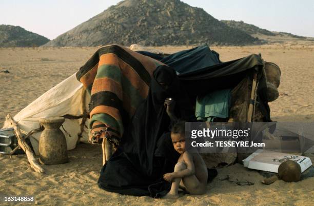 Mali And Niger Touaregs Victims Of A Drought Took Refuge In Algeria Deep South. Dans le grand sud algérien, dans le désert, devant une tente, une...