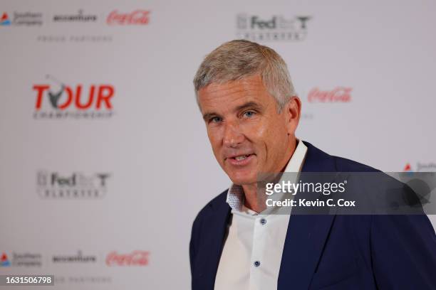 Tour Commissioner Jay Monahan arrives to speak to the media prior to the TOUR Championship at East Lake Golf Club on August 22, 2023 in Atlanta,...