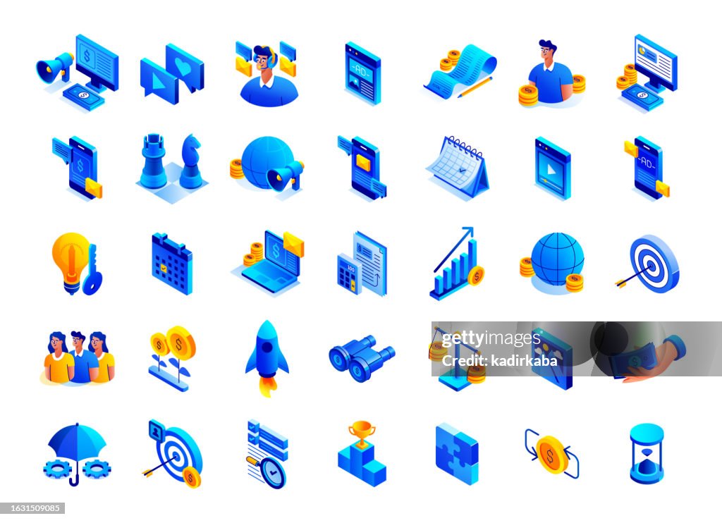 Vector Illustration of Business and Marketing Isometric Icon Set and Three Dimensional Design.