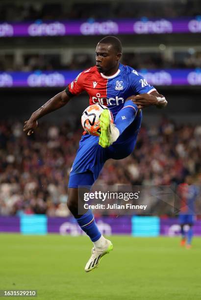 Tyrick Mitchell of Palace controls the ball during the Premier League match between Crystal Palace and Arsenal FC at Selhurst Park on August 21, 2023...