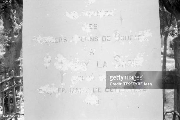 Anti-French Incidents In Algeria. Boufarik - 7 août 1962 - Une stèle érigée en mémoire des premiers colons de Boufarik, dont le texte gravé est...