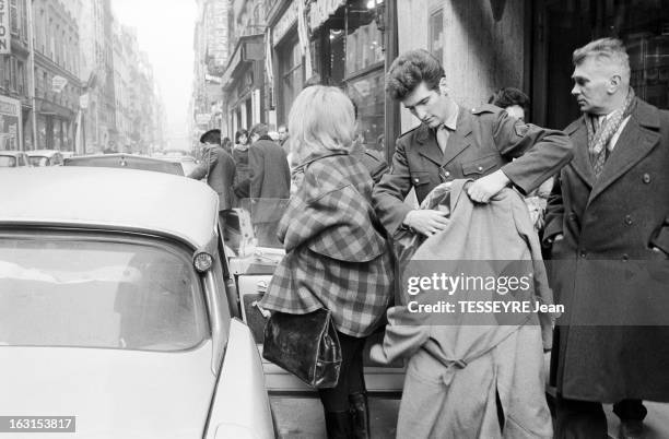 Group 'Les Chaussettes Noires'. Cretéil, Paris- 6 decembre 1962- Le groupe de rock français'Les Chaussettes noires': Eddy MITCHELL en uniforme...