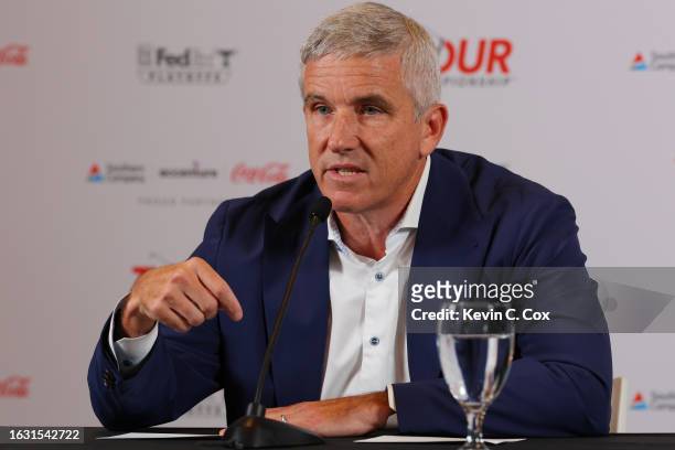 Tour Commissioner Jay Monahan speaks to the media prior to the TOUR Championship at East Lake Golf Club on August 22, 2023 in Atlanta, Georgia.