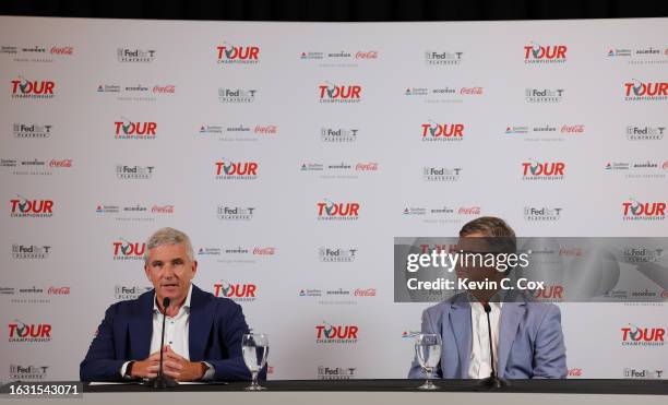 Tour Commissioner Jay Monahan and EVP & President, PGA TOUR, Tyler Dennis speak to the media prior to the TOUR Championship at East Lake Golf Club on...