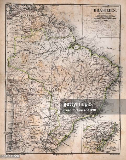 ilustraciones, imágenes clip art, dibujos animados e iconos de stock de mapa antiguo vintage de brasil, detalle de colonia alemana, río amazonas, texto alemán, década de 1870 siglo 19 - américa del sur mapa de america latina