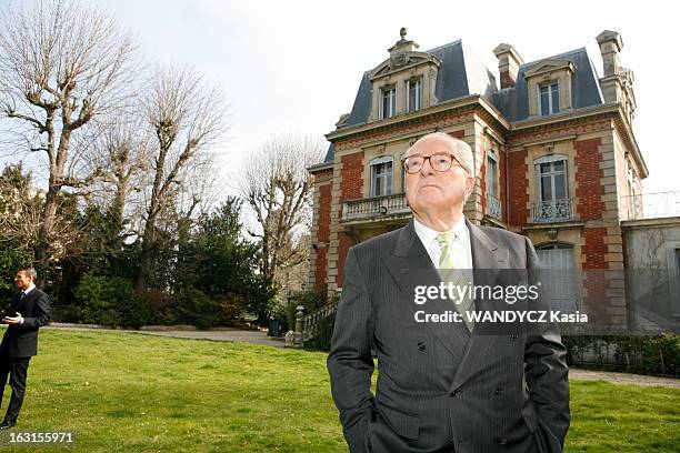 Rendezvous With Jean-Marie Le Pen And His Daughter Marine. Plan en contre-plongée de Jean-Marie LE PEN, l'air un peu hautain, les mains dans les...