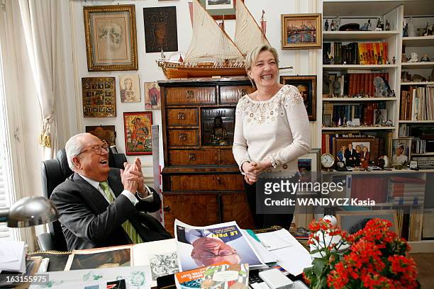 Rendezvous With Jean-Marie Le Pen And His Daughter Marine. Attitude de Jean-Marie LE PEN assis à son bureau du 1er étage chez lui à SAINT-CLOUD lors...