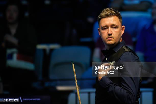 Kyren Wilson of England reacts in the qualifying match against Dean Young of Scotland on day 1 of Snooker European Masters 2023 at Kia Metropol Arena...