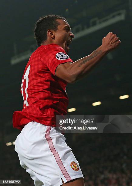 Nani of Manchester United celebrates after Sergio Ramos of Real Madrid scored an own goal during the UEFA Champions League Round of 16 Second leg...