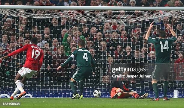 Sergio Ramos of Real Madrid scores an own goal during the UEFA Champions League Round of 16 Second leg match between Manchester United and Real...