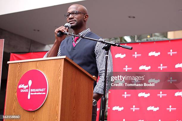 Actor Taye Diggs unveils first-ever milk mustache ad as part of the share breakfast program at Hollywood & Highland Courtyard on March 5, 2013 in...