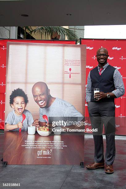 Actor Taye Diggs unveils first-ever milk mustache ad as part of the share breakfast program at Hollywood & Highland Courtyard on March 5, 2013 in...