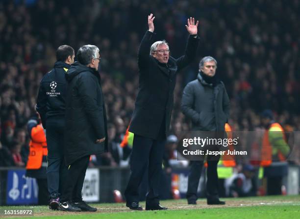 Manchester United Manager Sir Alex Ferguson reacts after Nani of Manchester United is sent off during the UEFA Champions League Round of 16 Second...