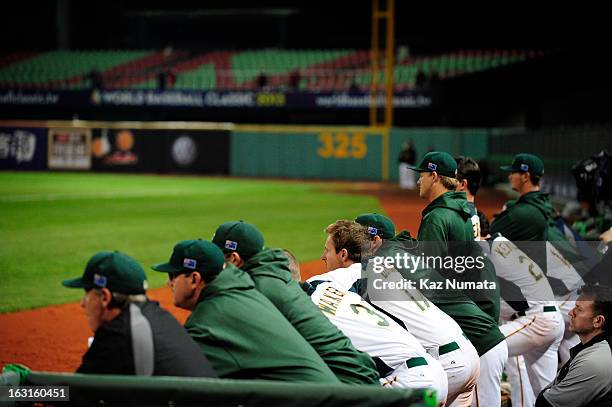 Member of Team Australia are seen in the dugout during Pool B, Game 4 between Team Korea and Team Australia during the first round of the 2013 World...