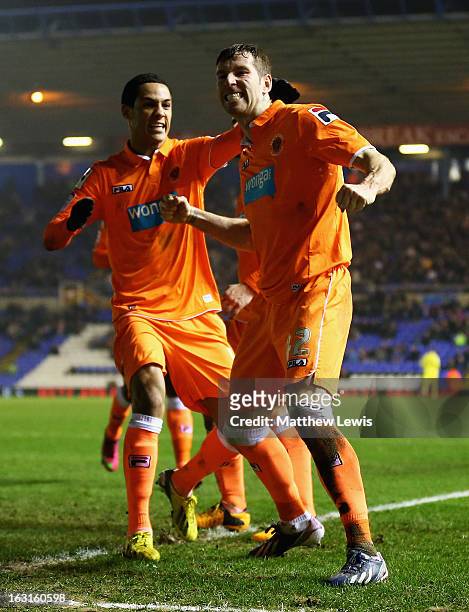 Kirk Broadfoot of Blackpool celebrates his goal with his team mates during the npower Championship match between Birmingham City and Blackpool at St...